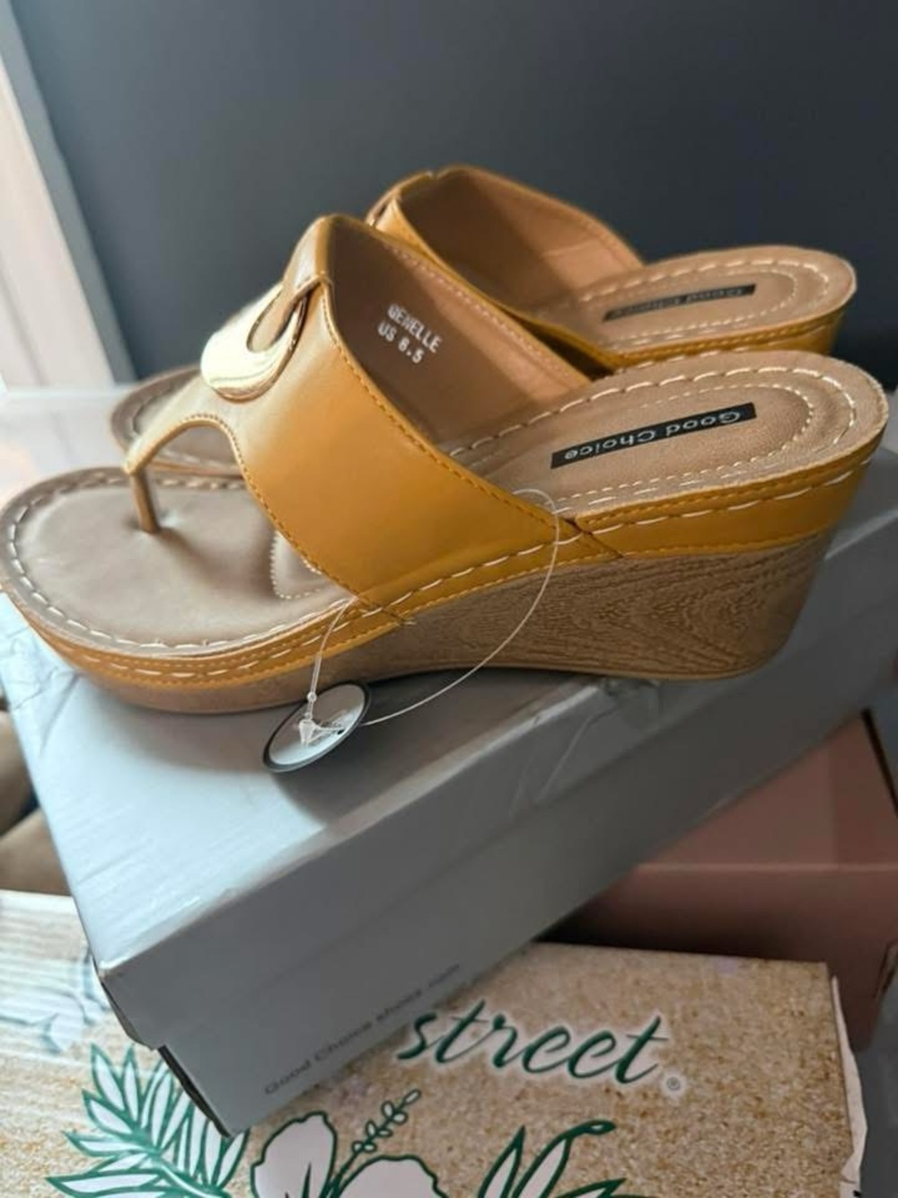 Yellow Wedge Thong Sandals with Decorative Accent - Picture 2 of 2